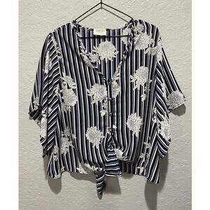 Sienna Sky Women's Short Sleeve V-neck Stripe Floral Blouse Top Sz L